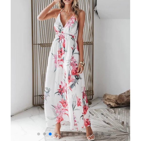 Simplee Floral Print Backless Wrap Slit Slip Dress - Picture 3 of 13